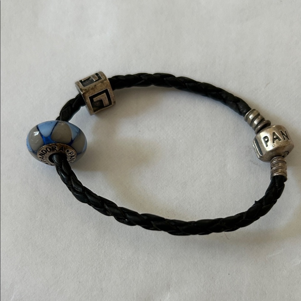 Pandora Leather Black Braided Bracelet with Silver and Blue Charms